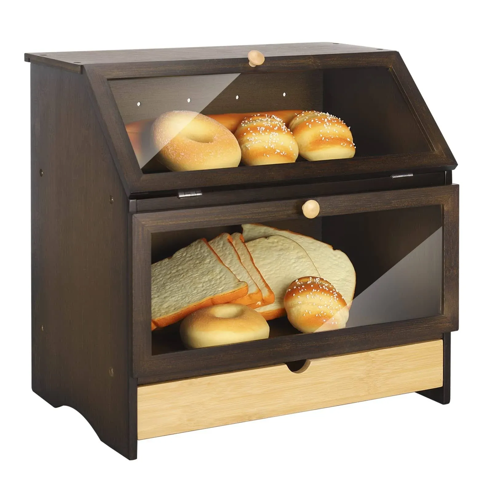 Large Bamboo Two-layer Bread Box With Drawer, Double Layers Large Bread Box f...