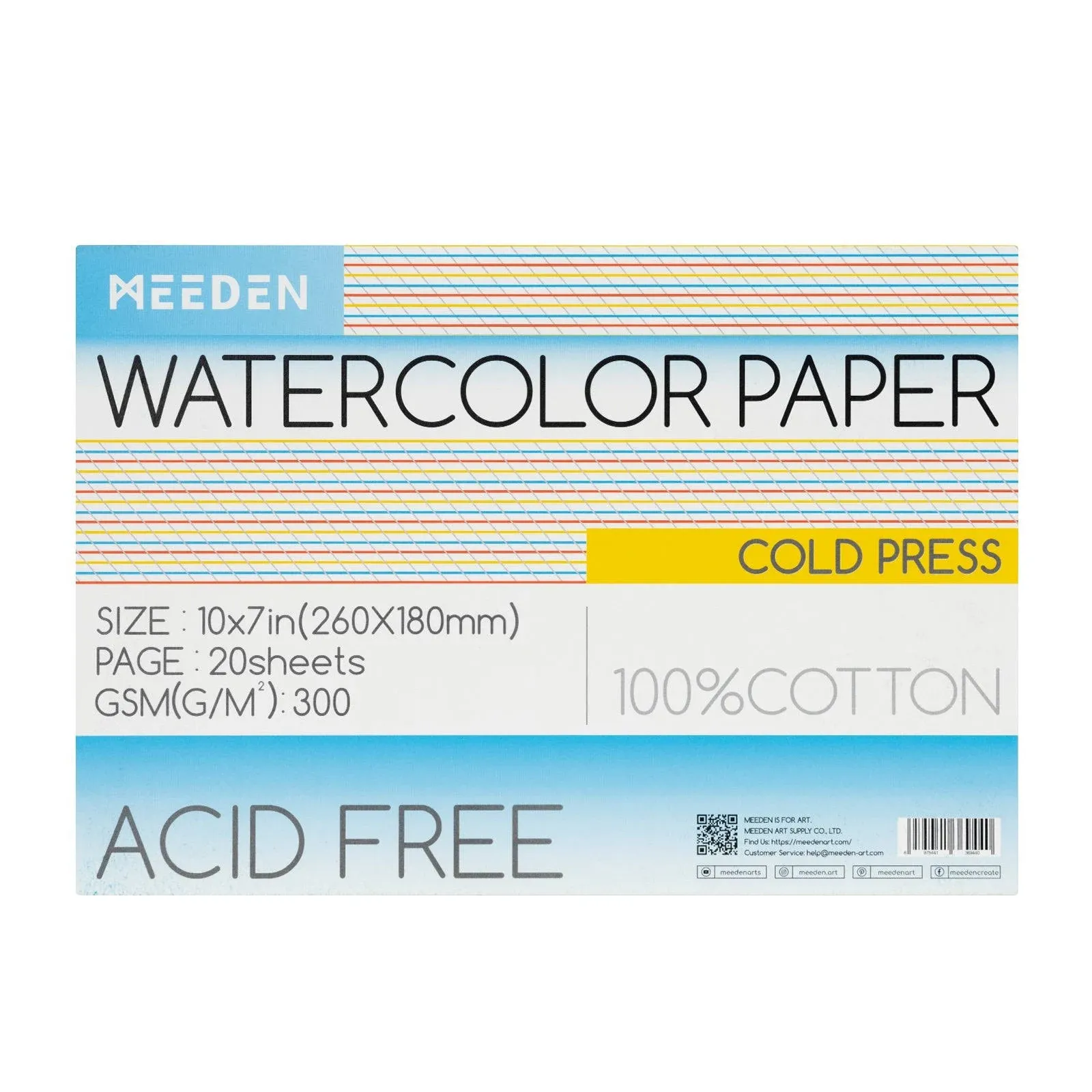 MEEDEN Watercolor Paper Block, 100% Cotton Watercolor Paper Pad of 20 Sheets, 140lb/300gsm, Acid-Free Art Paper for Watercolor, Gouache, Ink and More, 10" x 7" Cold Press