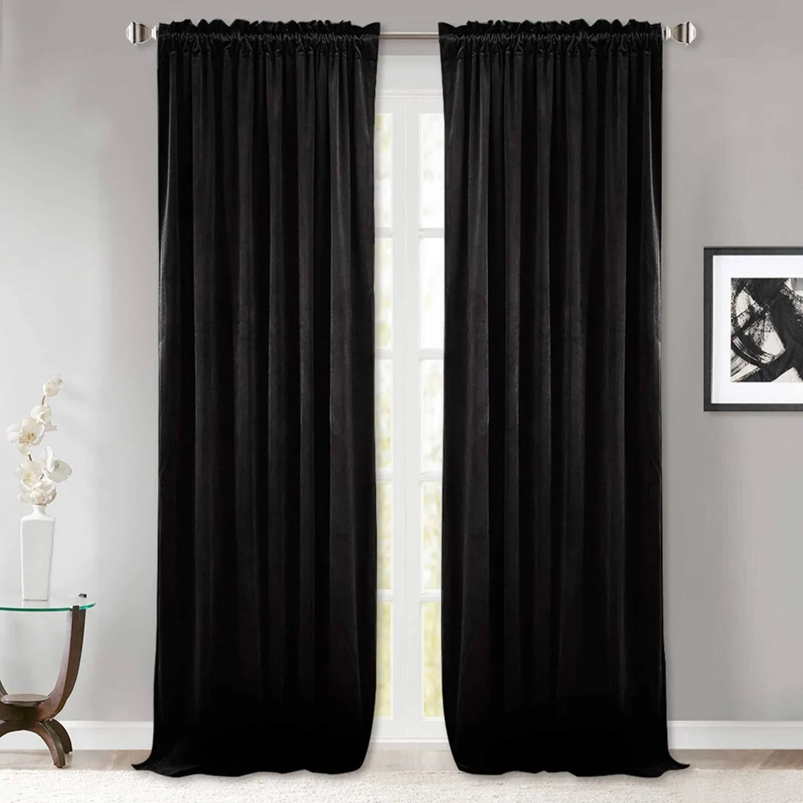 StangH Black Blackout Curtains Velvet Curtains 84 Inches Living Room Thermal Insualted Window Drapes for Halloween/Theater/Studio Room/Bedroom, W52 x L84 inches, Set of 2