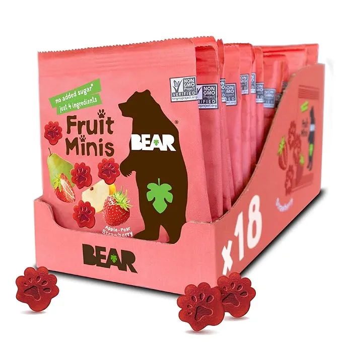 Bear Real Fruit Snack Minis, Strawberry (Pack of 18) Bite Sized Snacks for Kids, Gluten Free, Vegan, Non Gmo, 0.7 oz