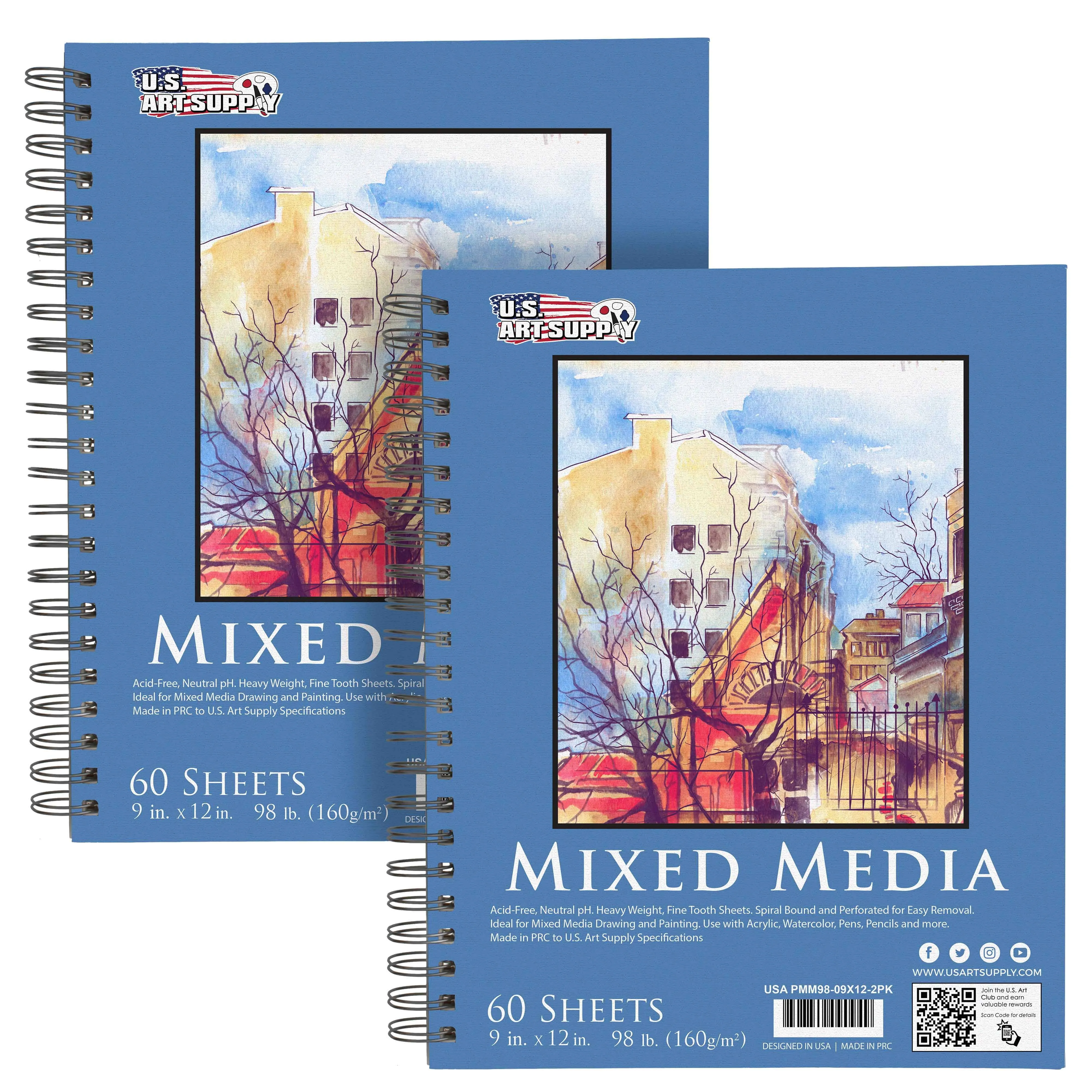 U.S. Art Supply 11" x 14" Mixed Media Paper Pad Sketchbook, 2 Pack, 60 Sheets, 98 ...