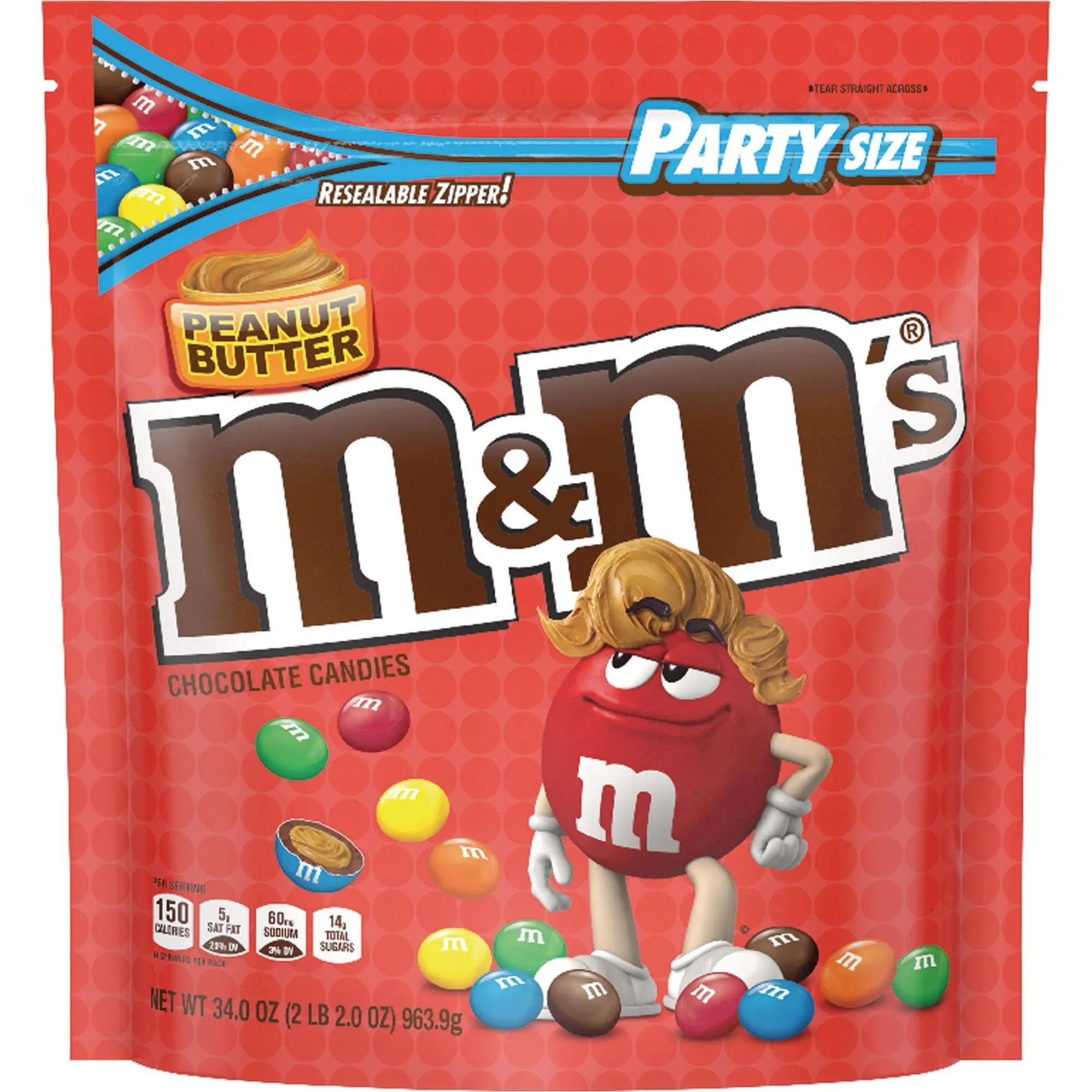 M&M'S Peanut Butter Milk Chocolate Christmas Candy, Party Size, 34 oz Resealable Bulk Candy Bag