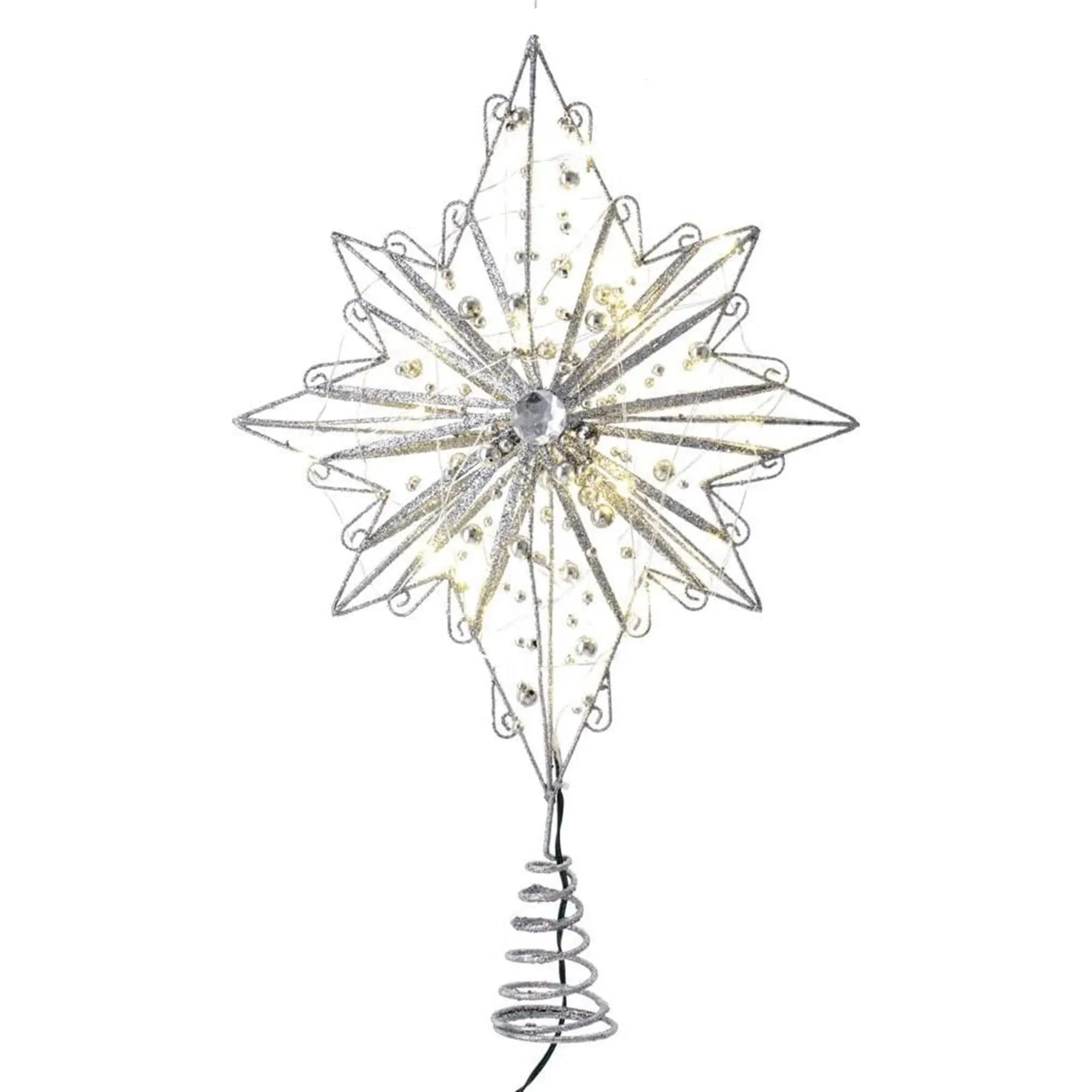 15.5" Silver Star Tree Topper, 30 LED Fairy Lights Warm White, Electric Plug