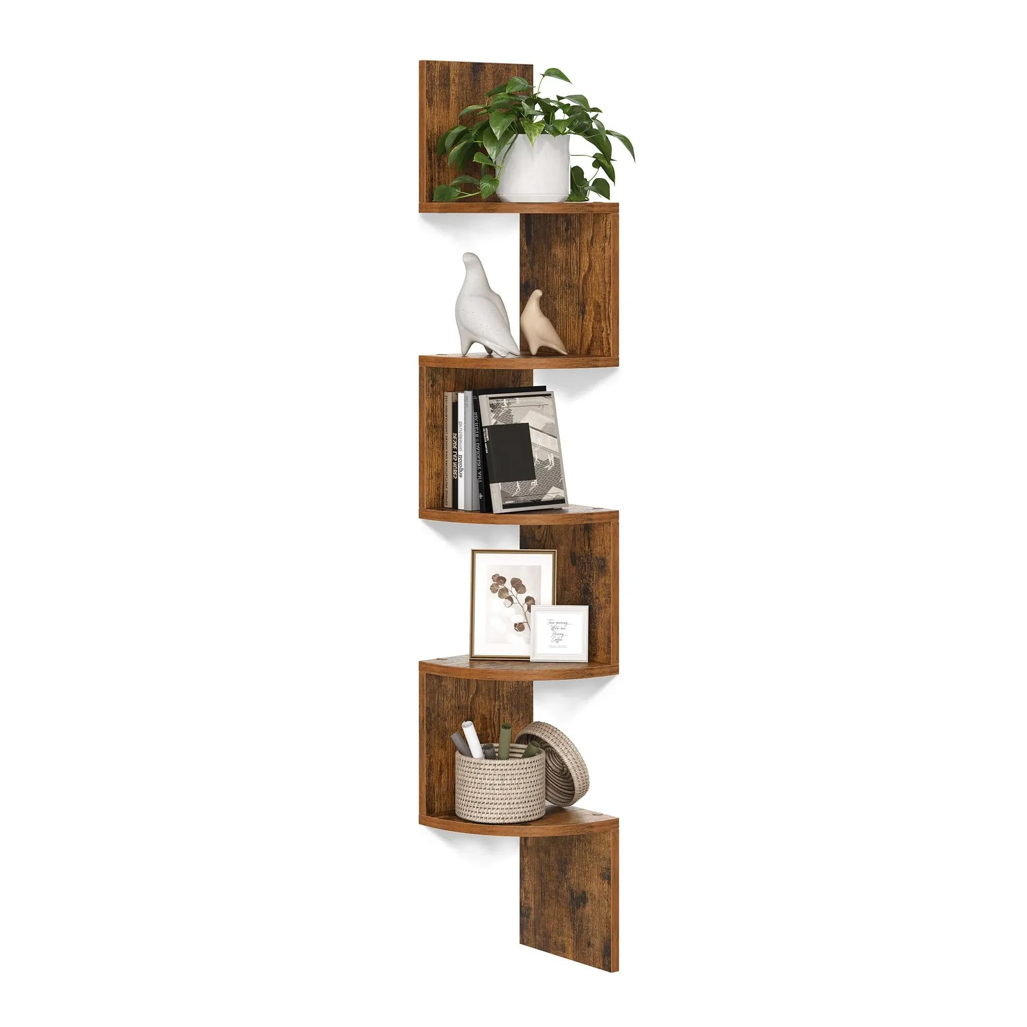 VASAGLE Corner Shelf Wall Mount, 5-Tier Floating Corner Bookshelf, Plant Shelf for Bedroom, Living Room, Bathroom, Home Office, Rustic Brown ULBC72BX