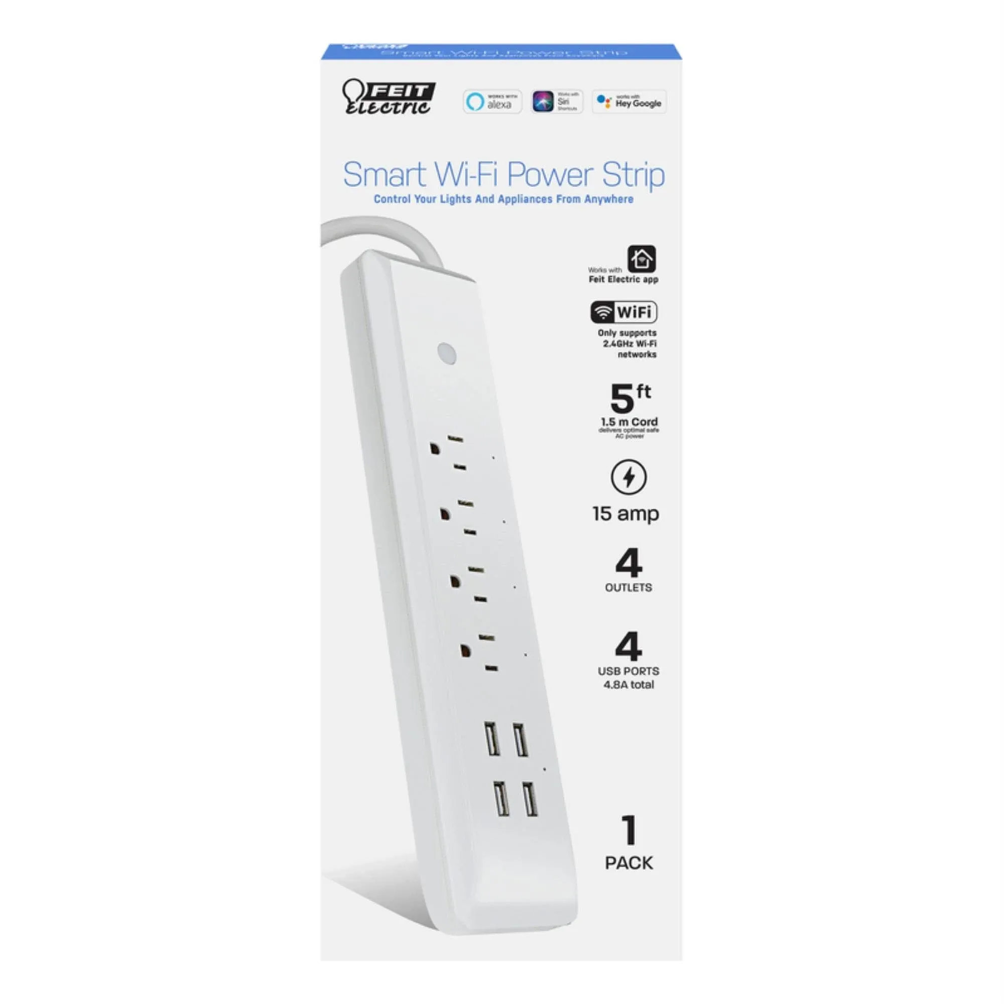 Feit Electric 5 ft. L 4 Outlets Wi-Fi Power Strip with USB White