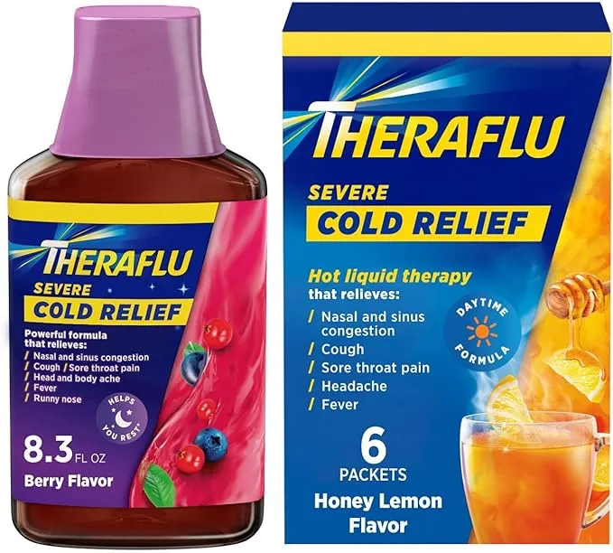 Theraflu Combo Nighttime Severe Cold Relief Syrup, Berry Flavor, 8.3 fl oz and Theraflu Daytime Severe Cold Relief Powder, Honey Lemon Flavor, 6 ct