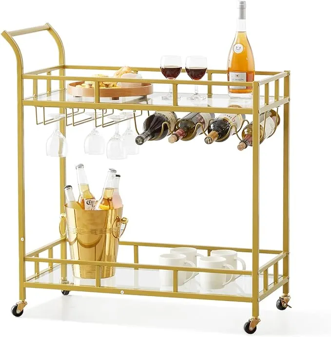 VEVOR 2 Tiers Gold Metal Bar Serving Cart with Wine Rack Glass Holder 120 lbs