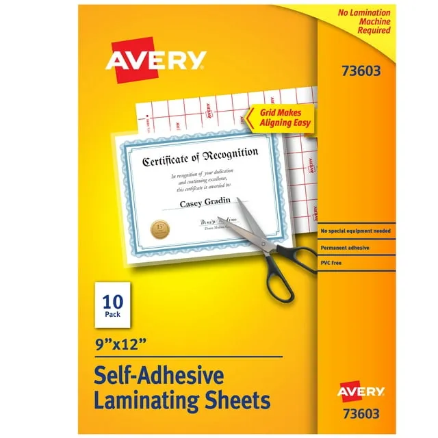 Avery AVE73603 Self-Adhesive Laminating Sheets, Clear, 9" x 12" - 10 sheets each