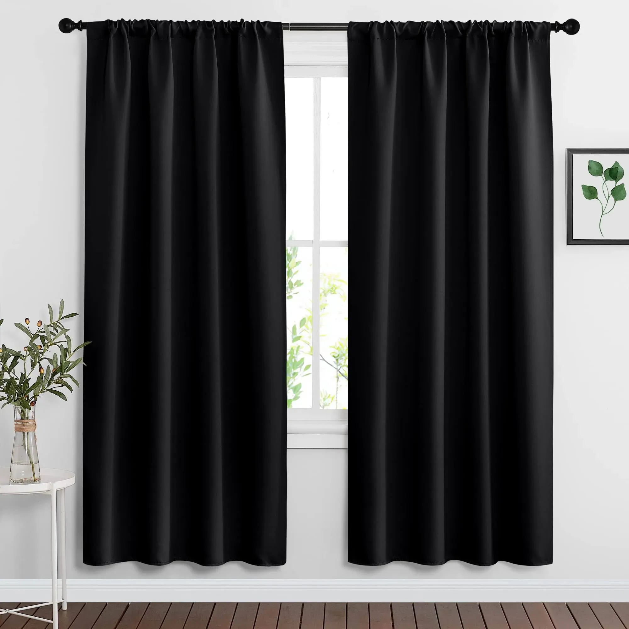 RYB Home Bedroom Window Treatments Blackout Curtains (42 Wide x 72 Long, Black, 2 Pieces) Blackout Rod Pockets Drapes Panels Windows Shades Energy