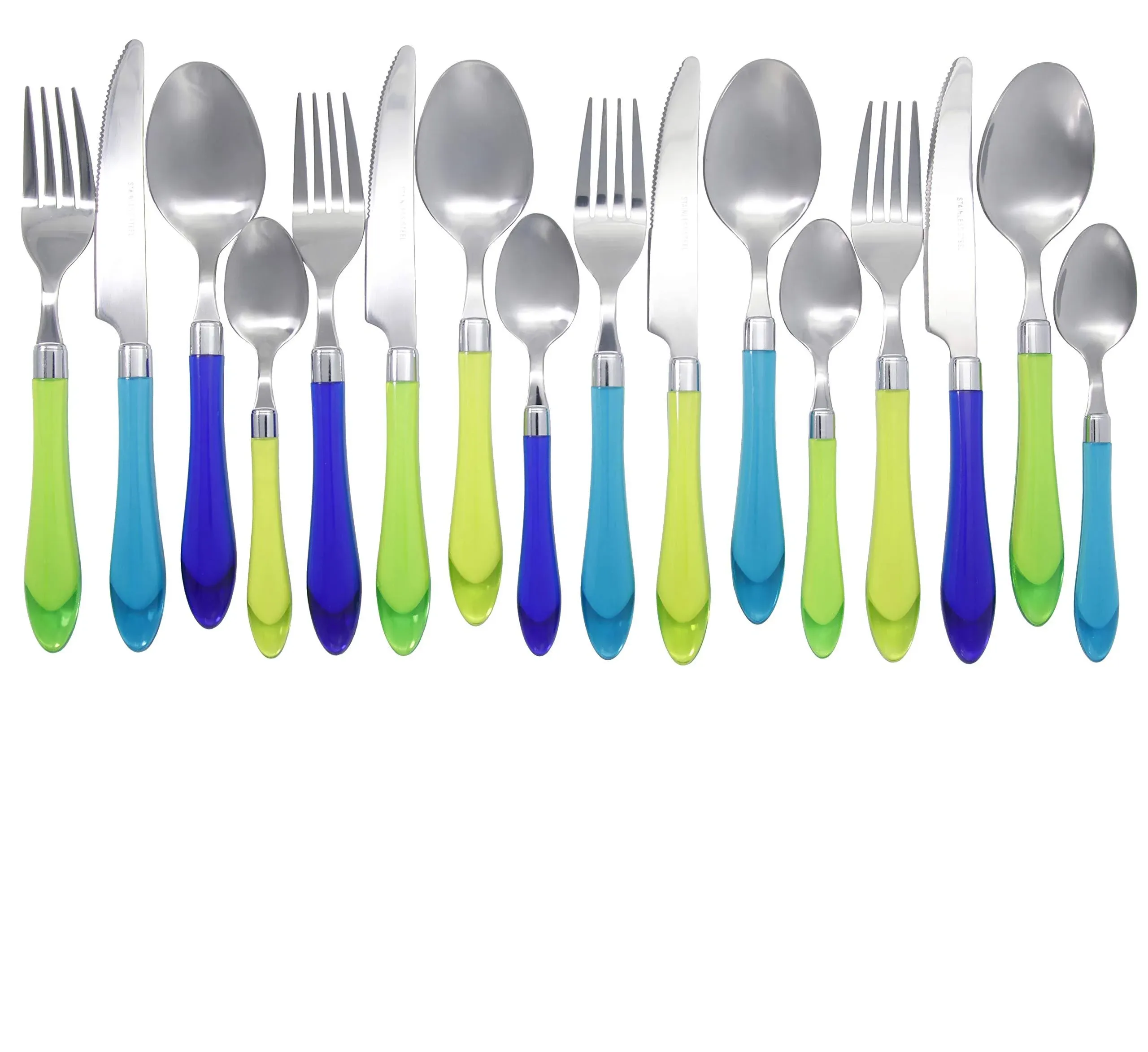 Gypsy Color The Original Brink House Sea Blue Green Mix Match Stainless Steel Cutlery Set with Translucent Handles 16 Pieces with Metal