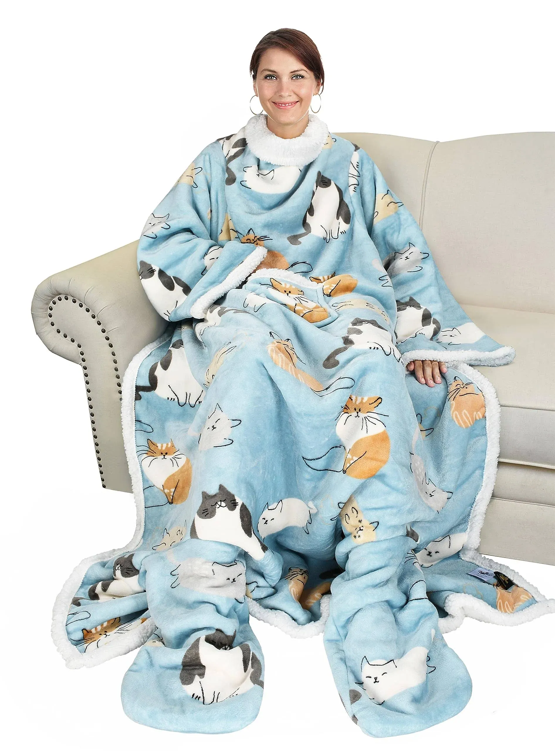 Pet Pattern Sherpa Wearable Blanket With Sleeve & Foot Pocket