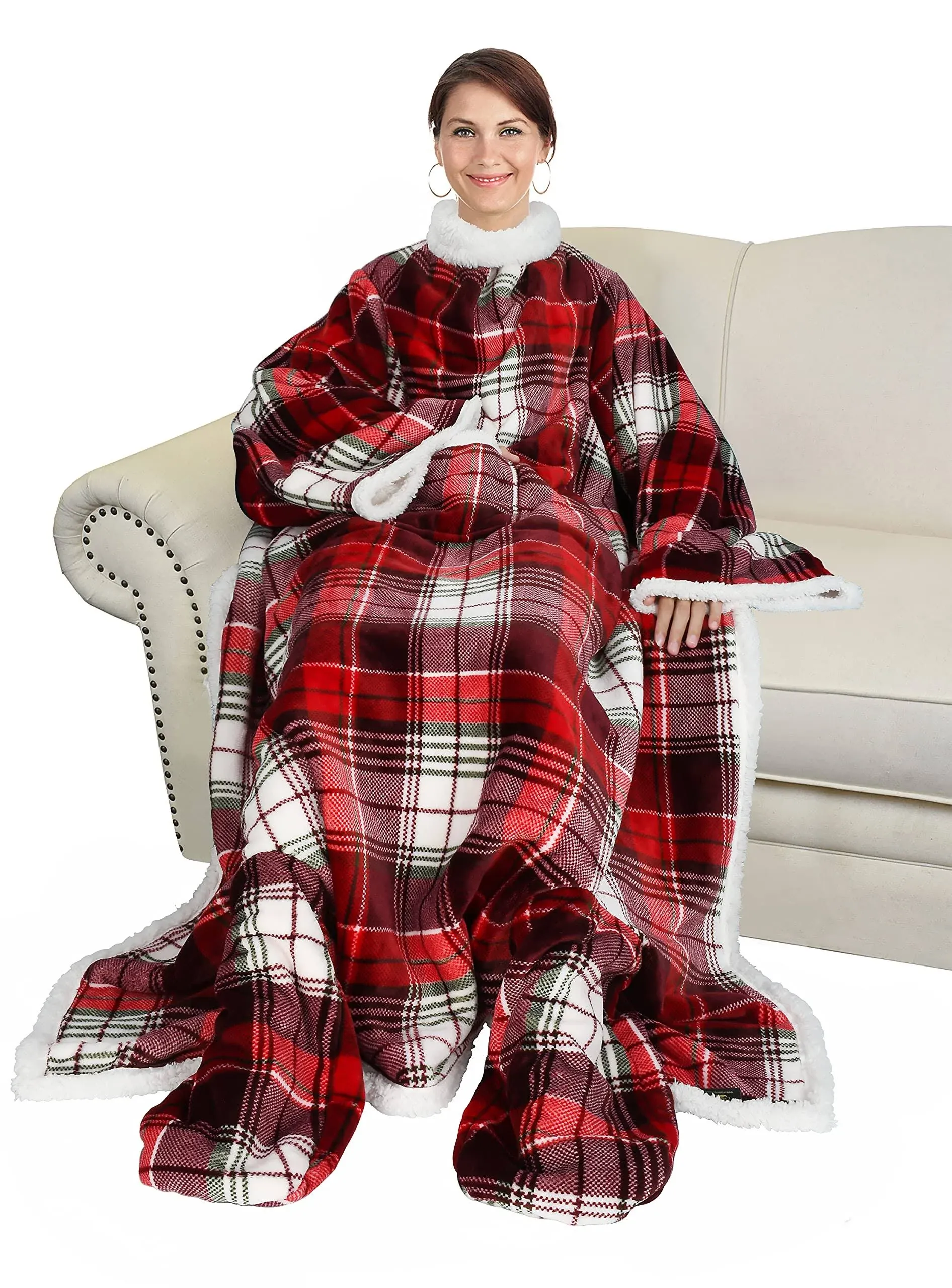 Catalonia Sherpa Wearable Blanket with Sleeves & Foot Pockets for Adult Women Men, Comfy Snuggle Wrap Sleeved Throw Blanket Robe, Gift Idea, Plaid