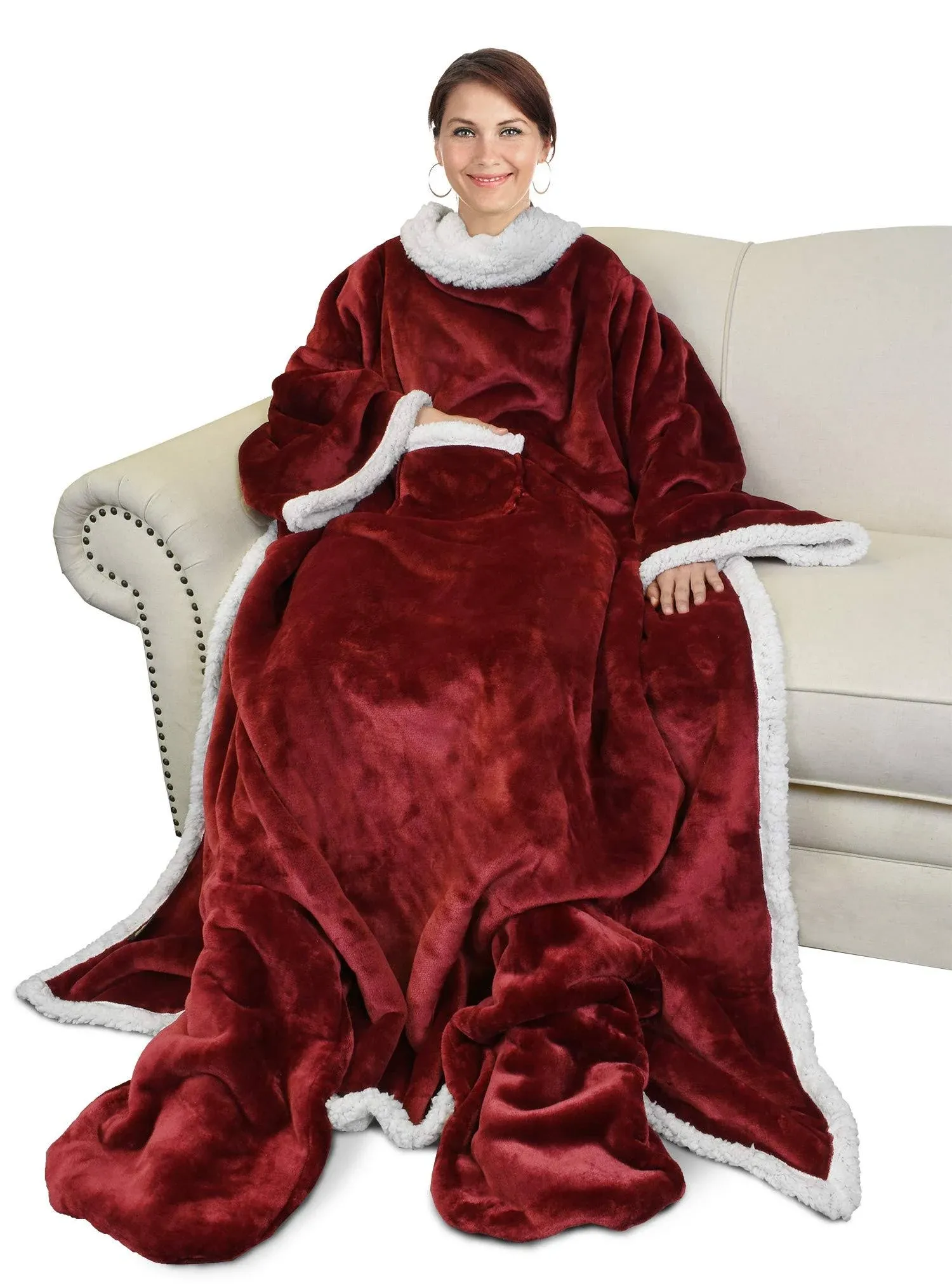 Catalonia High Pile Fleece Wearable Blanket with Sleeves & Foot Pockets for Adult, Comfy Snuggle Wrap Sleeved Throw Blanket Robe, Red