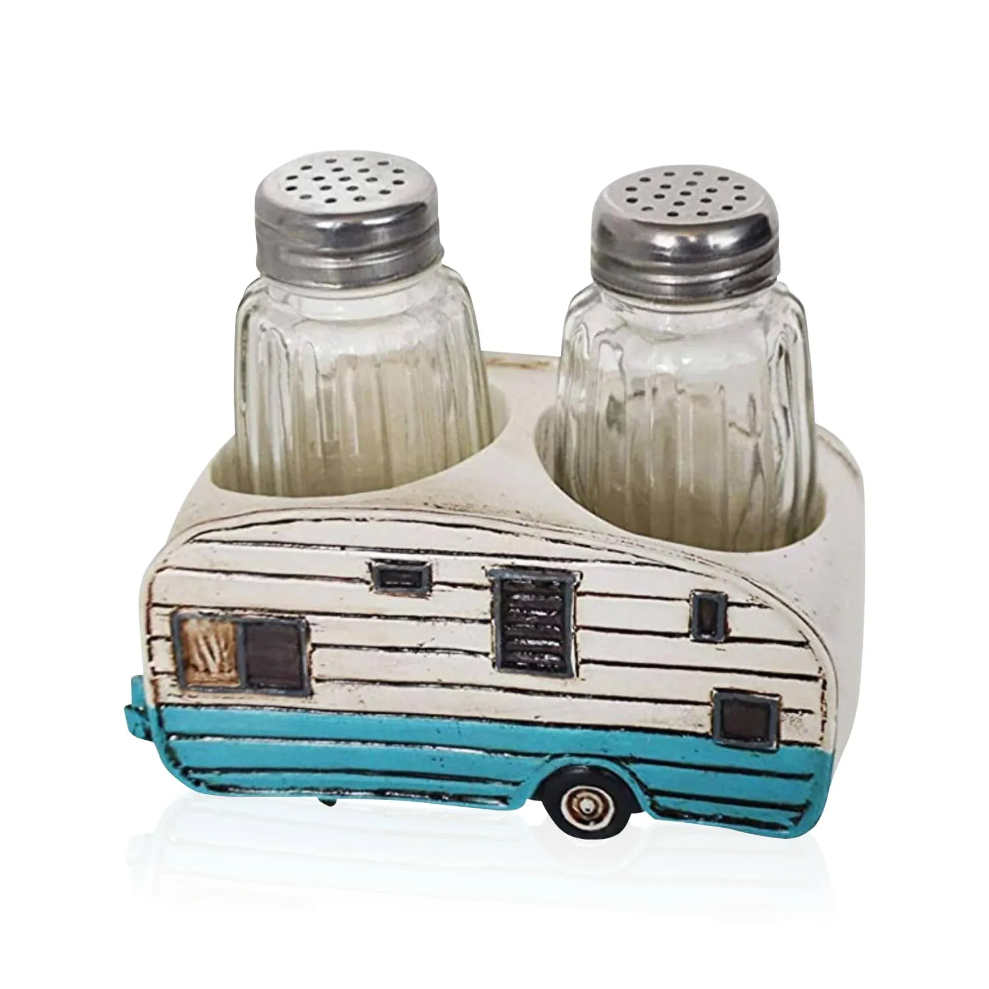 Glass Salt and Pepper Shakers Set - Camper Salt and Pepper Shakers with Holder for Kitchen and Dining - Simple Cute Blue Rustic Salt and Pepper Caddy