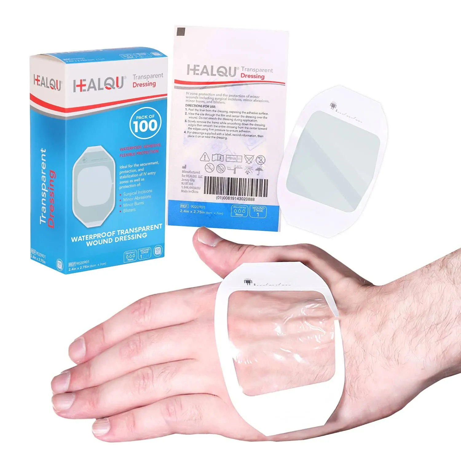 HEALQU Transparent Film Dressing, 2.3&#034; x 2.75&#034; 2.3x2.75 Inch (Pack of 100) 