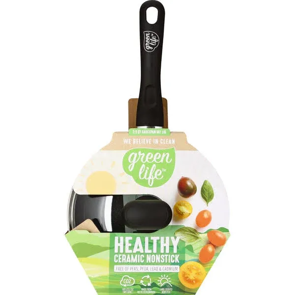 Green Life Saucepan, with Lid, Healthy Ceramic Nonstick, 2.5 Quarts