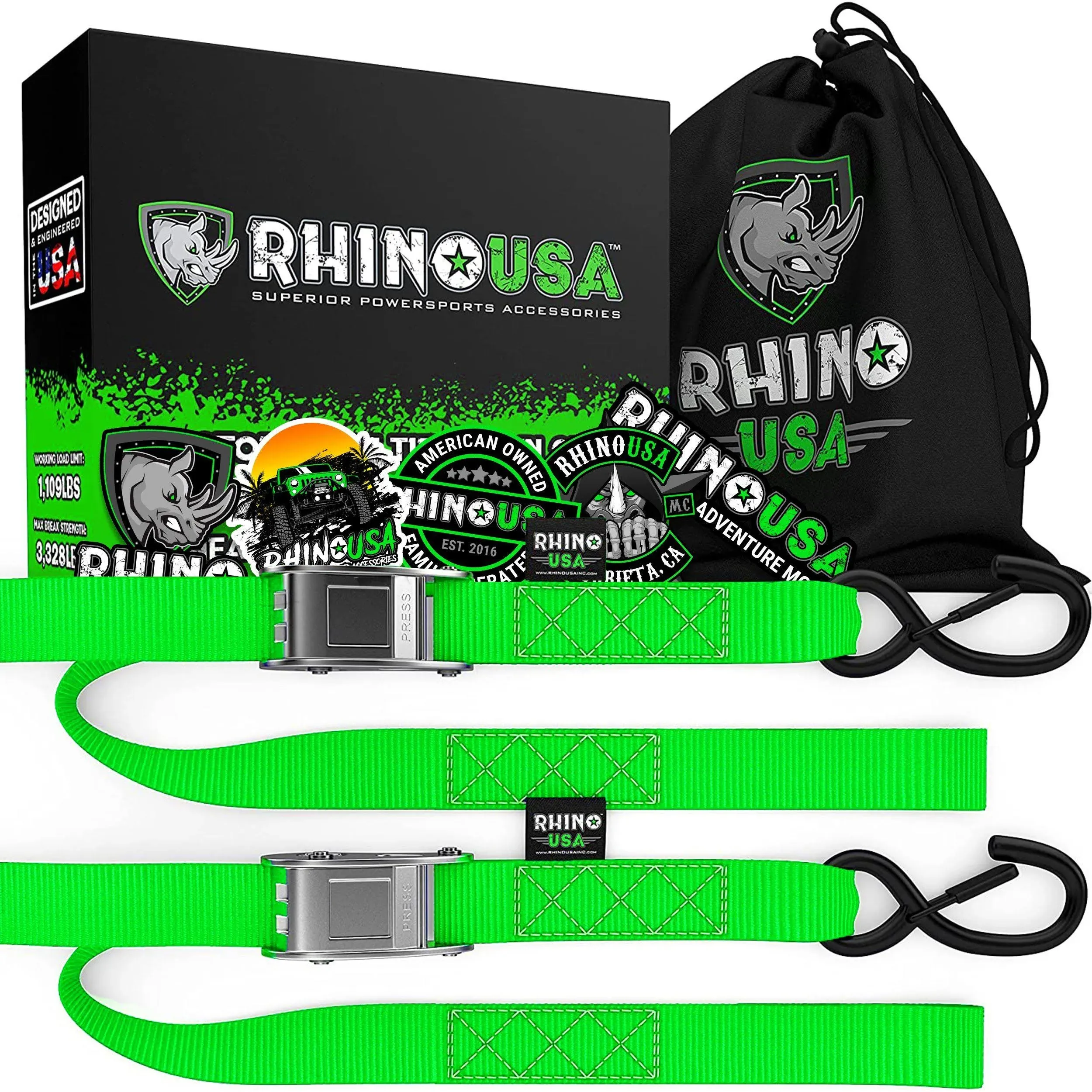 Rhino USA Cambuckle Motorcycle Tie Down Straps (Green 2-Pack)