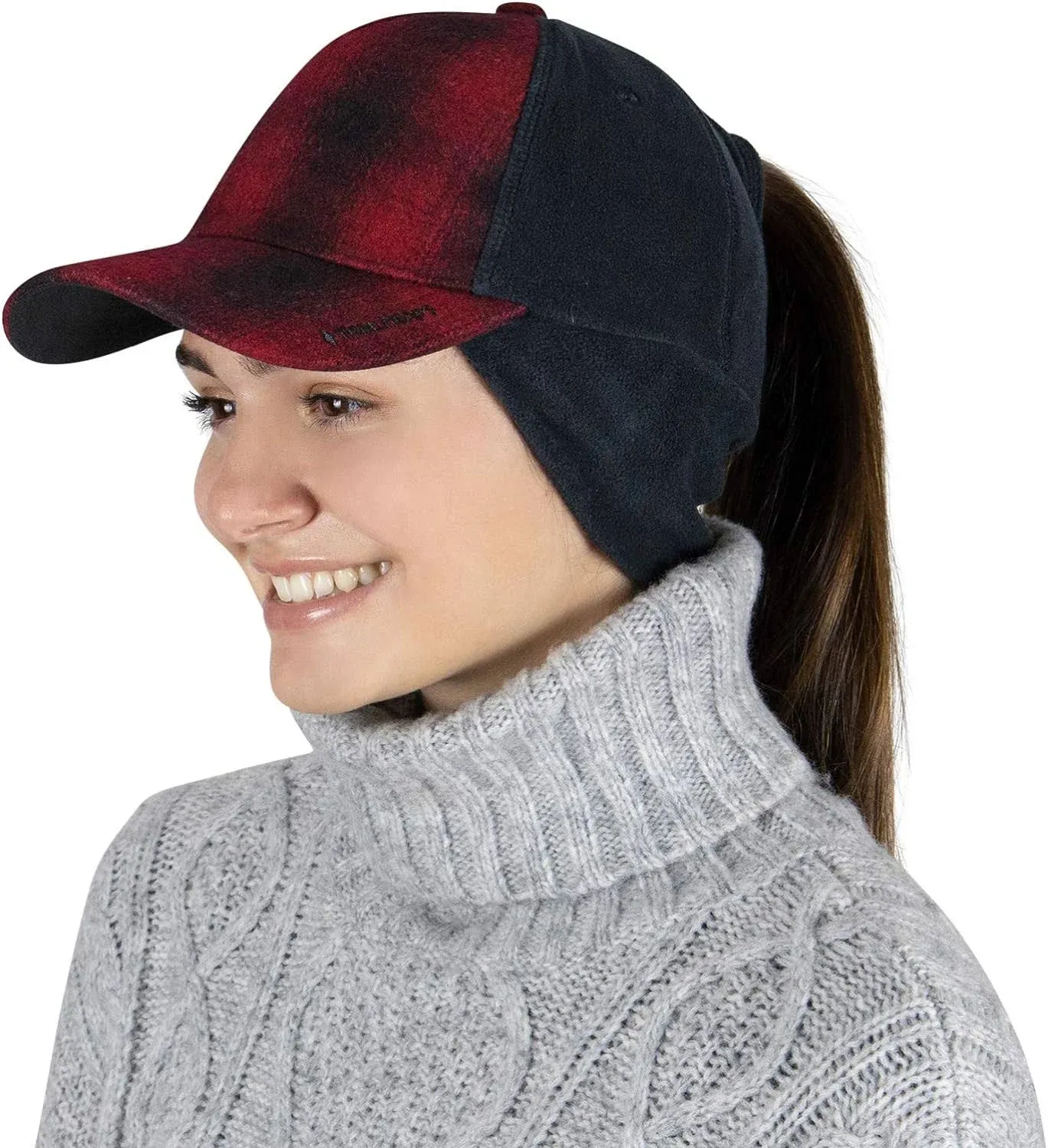 TrailHeads Women's Winter Ponytail Hat | Trucker Hat with Drop Down Ear Warmers