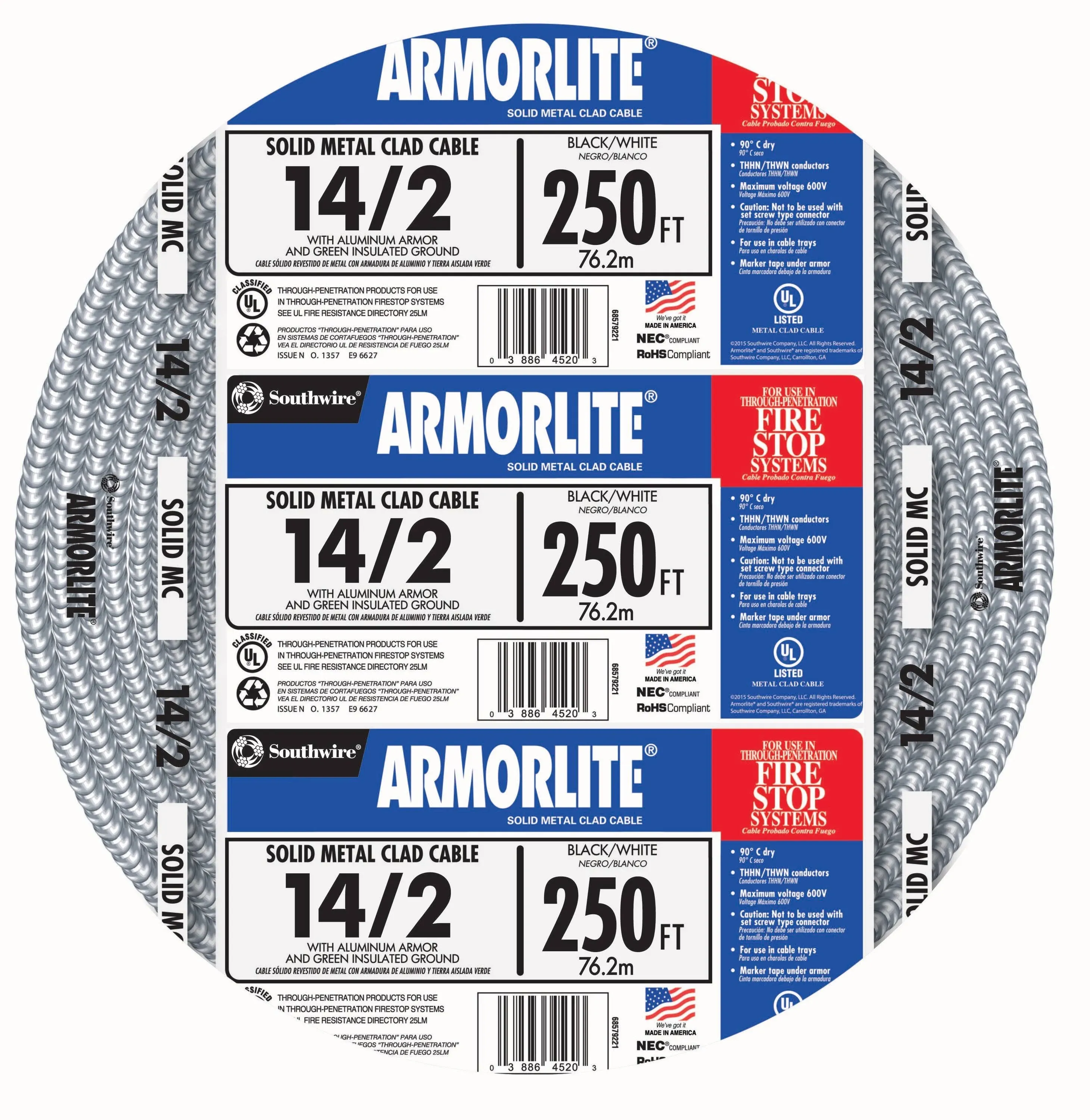 Southwire Armorlite 250-ft 14/2 Solid Aluminum MC Cable