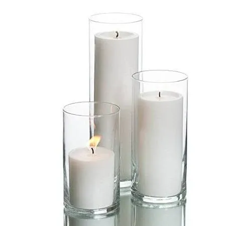 Set of 3 Glass Eastland Cylinder Vases and 3 White Pillar Candles 3 inch