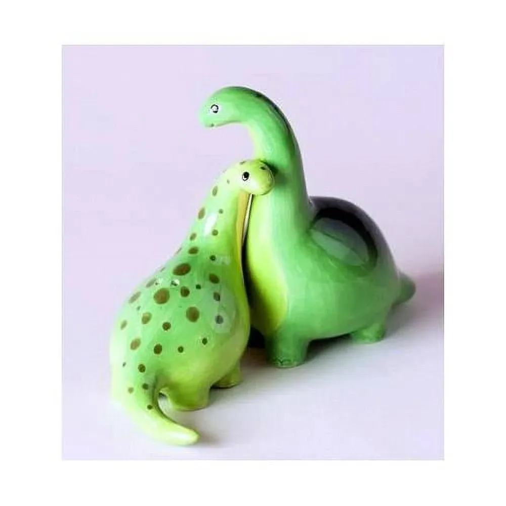 Green Brontosaurus Dinosaur Salt &amp; Pepper Shaker Set 3.75 Inches Ceramic