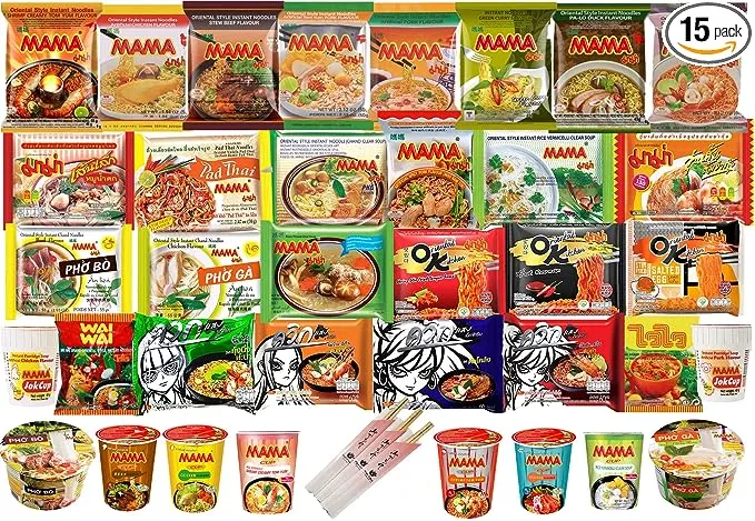 HCG Thai Ramen Noodles Variety Pack with Mama Soup and Wai Wai Quick Instant Noodle, Pack of 15 with chopsticks, 18 Piece Set