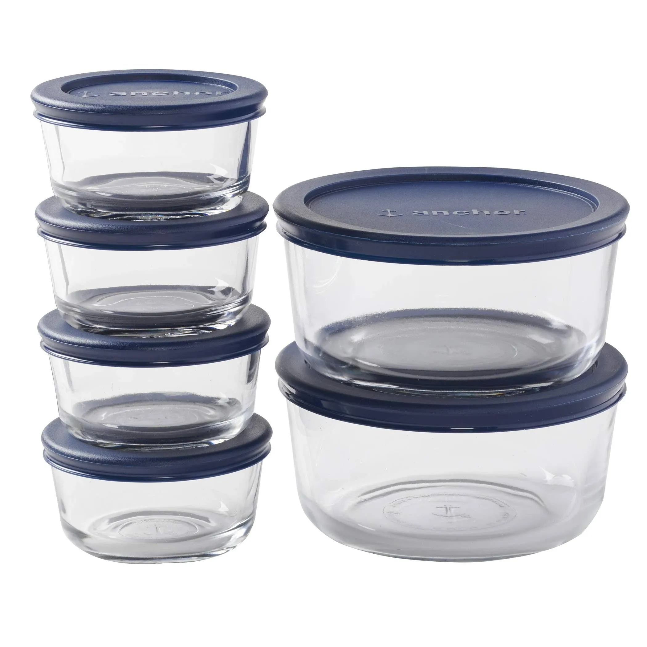 Anchor Hocking Round Glass Food Storage Containers with Blue Snugfit Lids, (12 ...