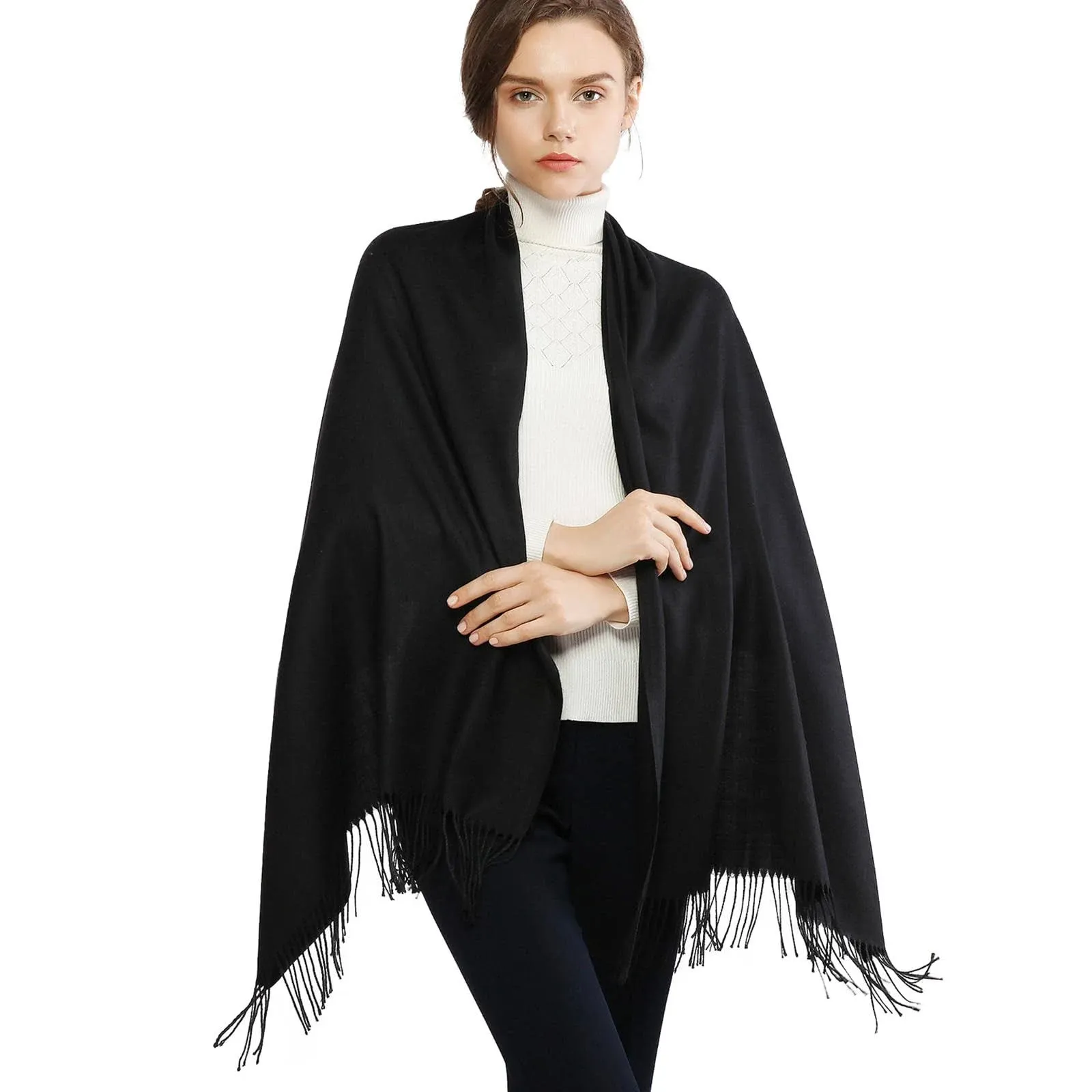 Winter Scarf for Women Cashmere Feel Warm Black Pashmina Shawls Wraps w Fringe