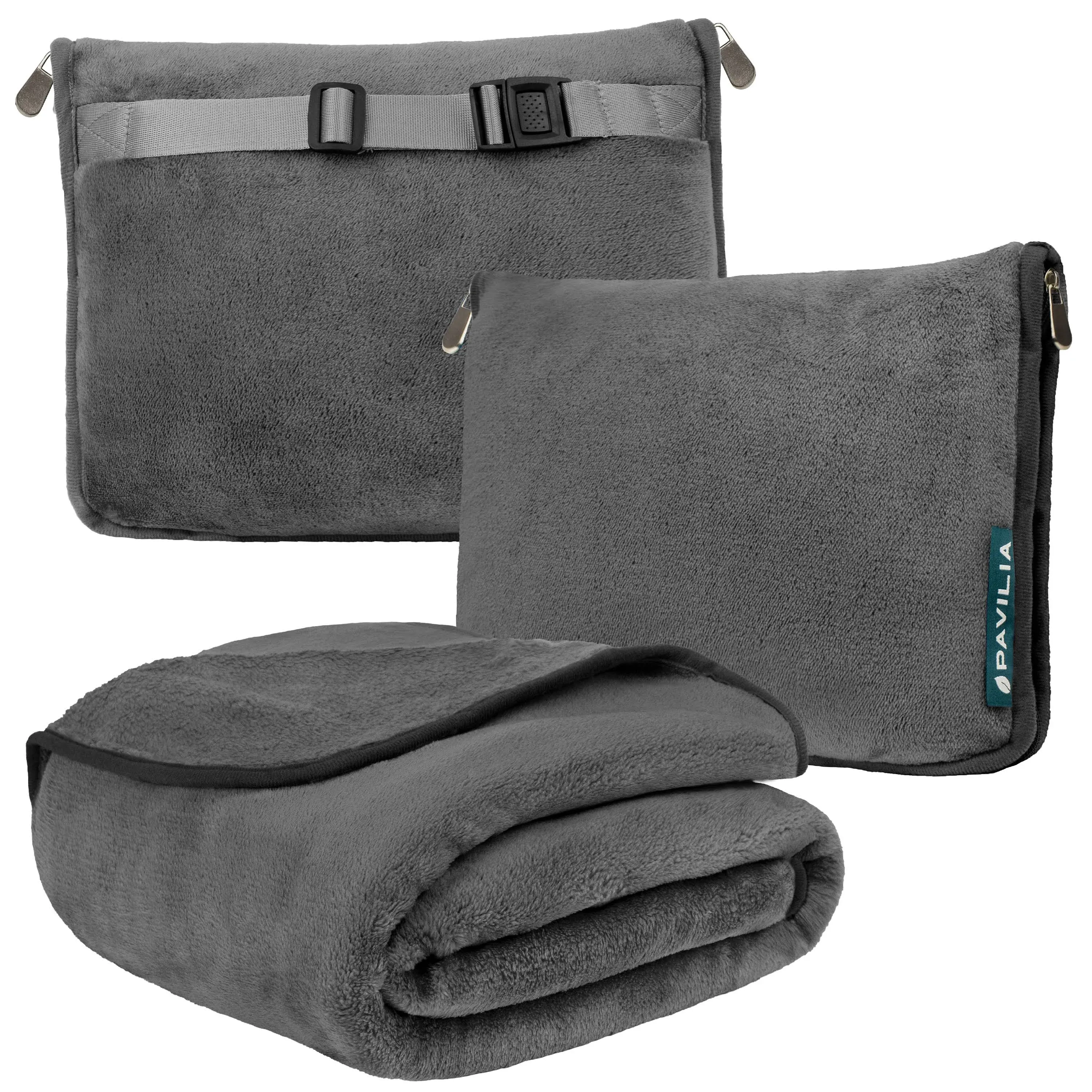 PAVILIA Travel Blanket Pillow, Soft Airplane Blanket 2-in-1 Combo Set, Plane Blanket Compact Packable, Flight Essentials Car Pillow, Travelers Gifts Accessories, Luggage Backpack Strap, 60x43 Gray