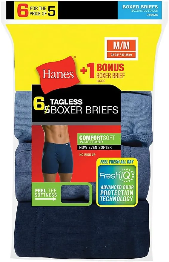 Hanes 7460Z6 Men's Tagless Boxer Brief with ComfortSoft Waistband 6-Pack - Assorted - M