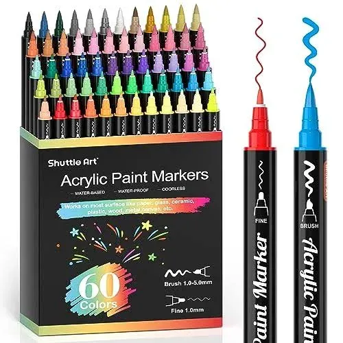 Art 60 Colors Dual Tip Acrylic Paint Markers, Brush Tip and Fine Tip Acrylic Pai