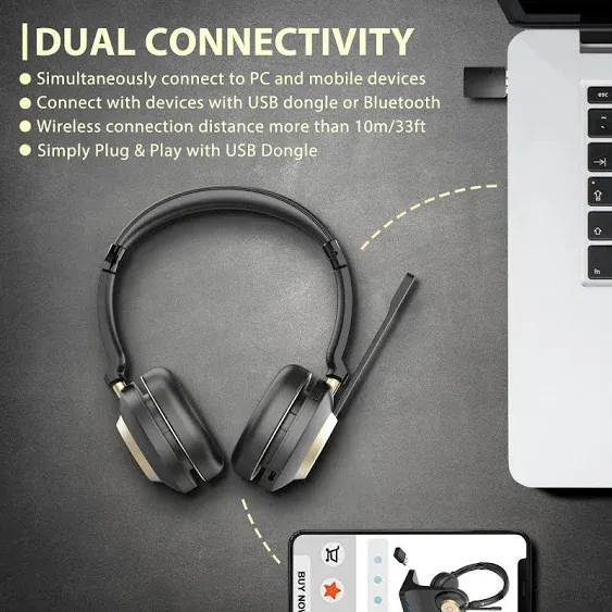 Earbay Bluetooth Headset, Wireless Headset with Microphone for PC, Wireless Headphones with Mic Noise Cancelling/Mute/Charging Dock/USB Dongle, 45hrs Dual Connect Computer Phones Teams Skype Zoom