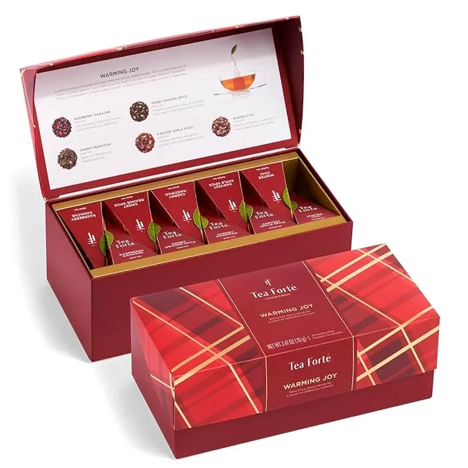 Tea Forte Warming Joy Tea Bags Gift Set, Holiday Spice Tea Sampler with 20 Pyramid Tea Influsers in Festive Presentation Gift Box, Organic Tea Bags Variety Pack