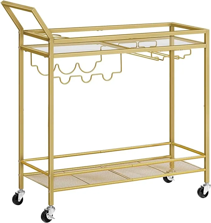 HOOBRO Bar Cart for The Home, 2-Tier Kitchen Cart with Wine Rack and Glass Holder, Serving Cart with Wheels and Guard Rails for Dining Room, Living Room, Party, Bar, Gold GD11TC01