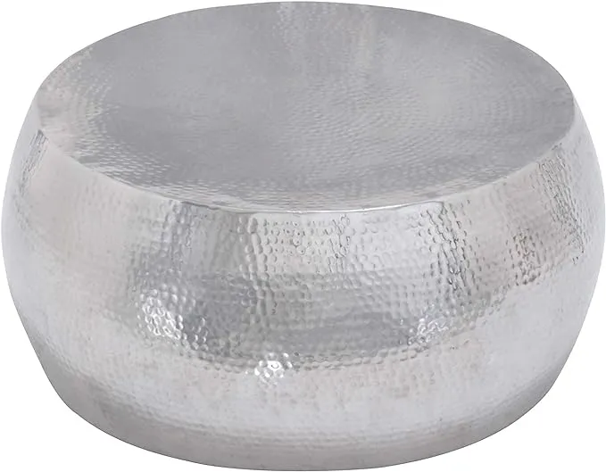 Deco 79 Aluminum Metal Living Room Coffee Table Drum Shaped Table with Hammered Design, Center Table 30" x 30" x 14", Silver