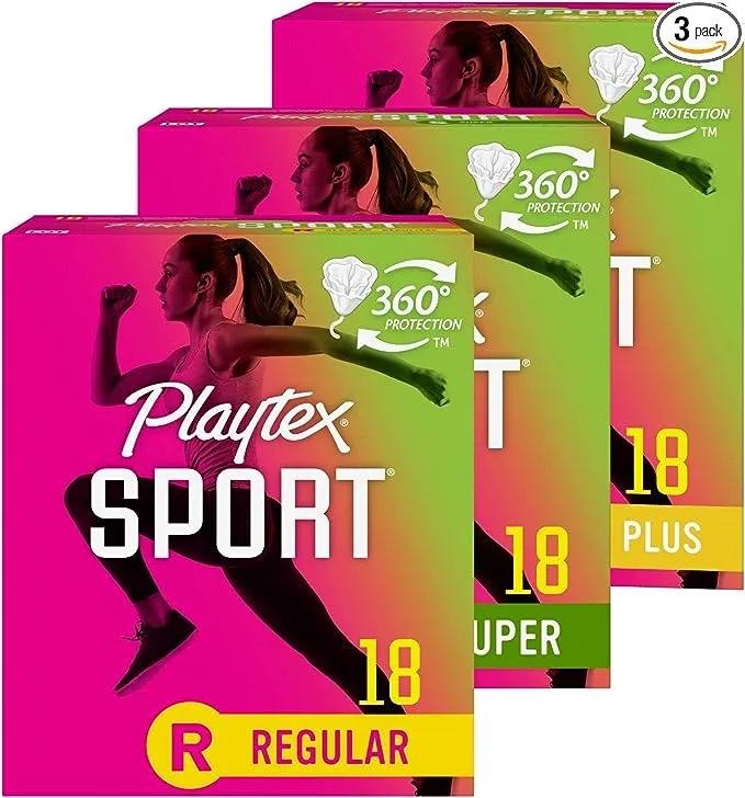 Playtex Sport Tampons, Multipack (18ct Regular/18ct Super/18ct Super+ Absorbency), Fragrance-Free - 54ct (3 Packs of 18ct)