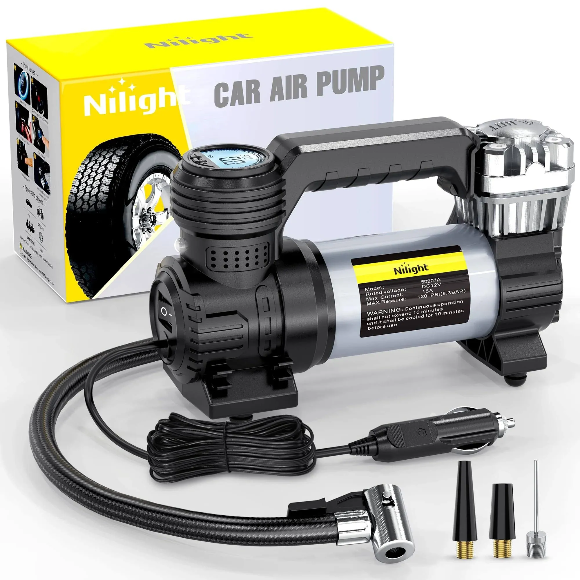 Nilight Portable Air Compressor Tire Inflator 12V Heavy Duty 120PSI Metal Tire Pump Double Cylinder Digital Tire Pressure Fast Inflate Auto Shutoff Tire Pump for Car SUV Motorcycle