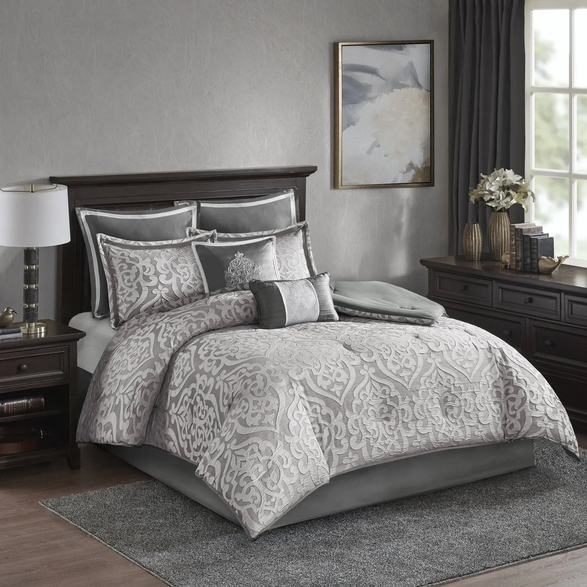 Madison Park - Odette 8 Piece Jacquard Comforter Set - Silver - Queen