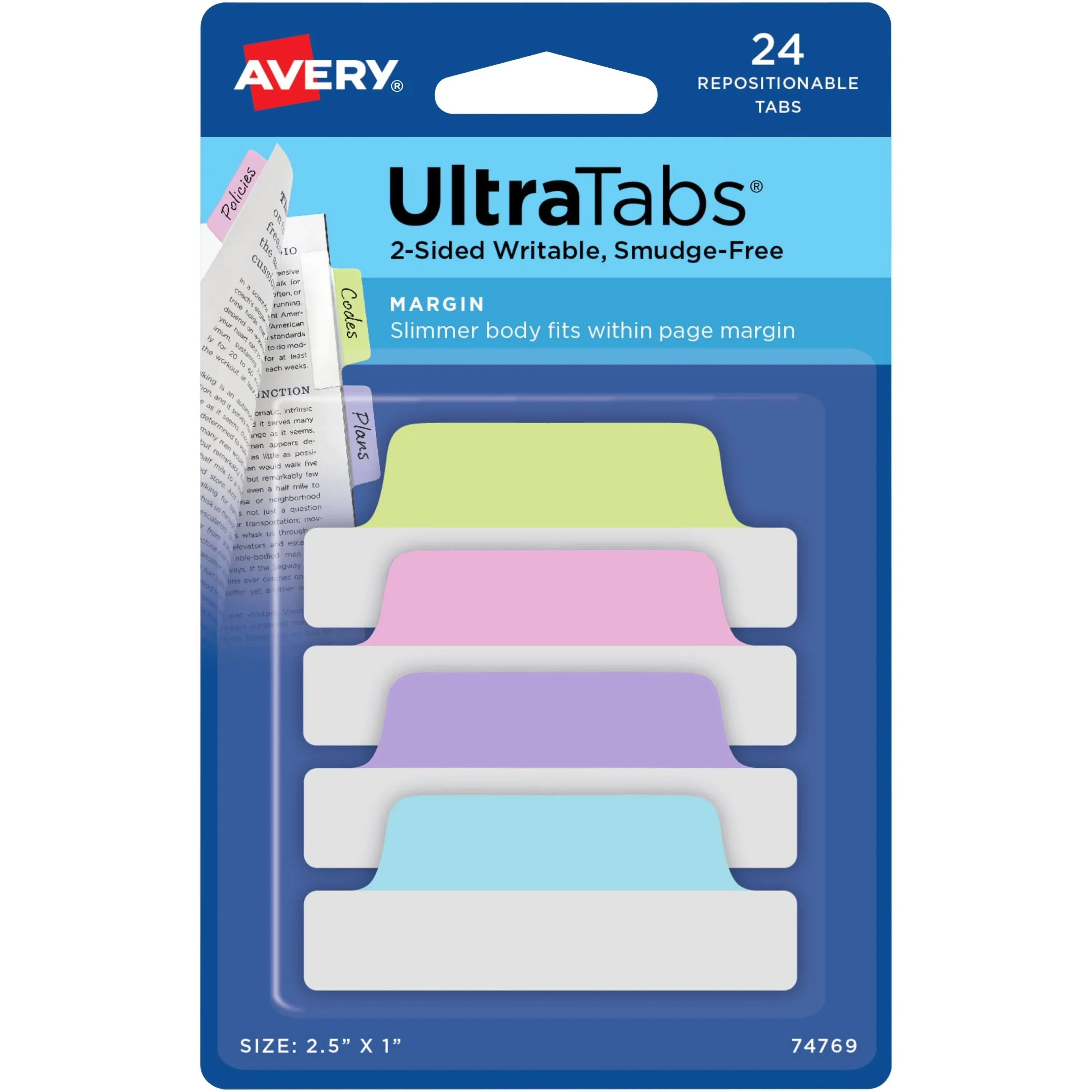 Avery Ultra Tabs Repositionable Tabs, 2-Sided Writable - 24 tabs