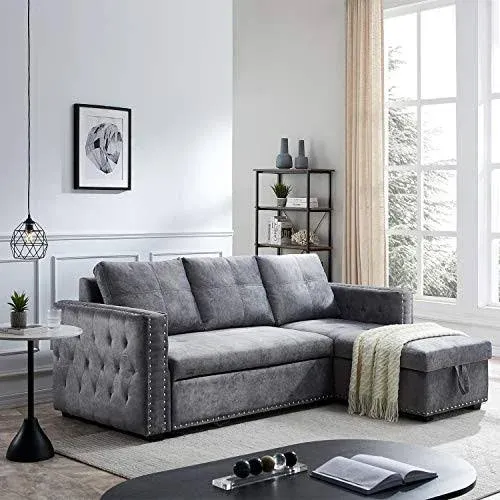 Morden Fort Velvet Reversible Sleeper Sectional Sofa L-Shape 3 Seat Sectional Couch with Storage-Gra