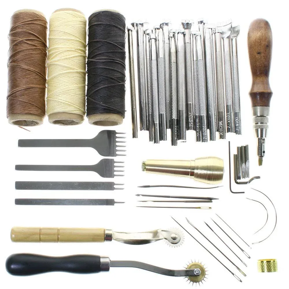 BIGTEDDY - Leather Working Tools and Supplies with Leather Tool Box Prong Punch Edge Beveler Wax Ropes Needles Perfect for Stitching Punching Cutting Sewing Leather Craft Making