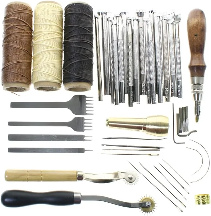 BIGTEDDY - Leather Working Tools and Supplies with Leather Tool Box Prong Punch Edge Beveler Wax Ropes Needles Perfect for Stitching Punching Cutting Sewing Leather Craft Making