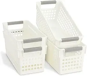 Farmlyn Creek 4 Pack White Plastic Baskets with Gray Handles, Narrow Storage Bins for Organizing, Kitchen Shelves, Small Nesting Containers (11.5 x 5 x 5 inch)