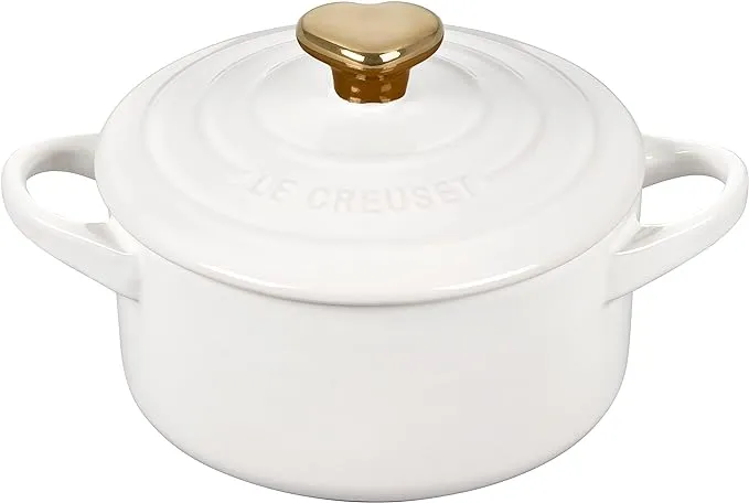 Le Creuset Mini Round Cocotte - White with Gold Heart Knob