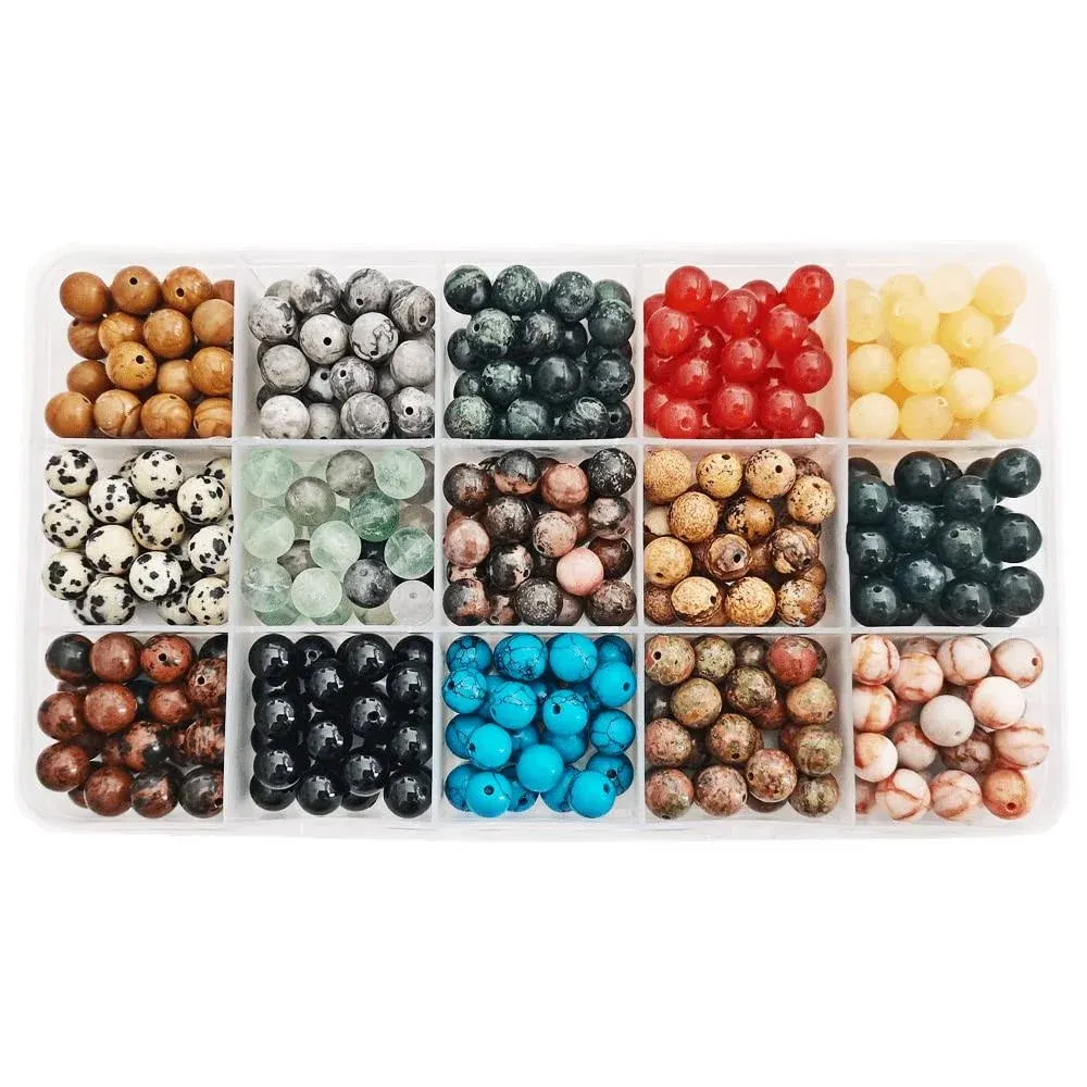 375pcs 8mm Polished Natural Stone Beads Crystals Round Genuine Real Stone Beading Loose Gemstone DIY for Bracelet Necklace Earrings(8mm,15 Color Mix-S2)