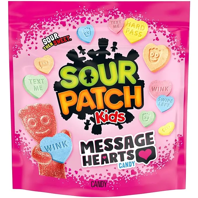 SOUR PATCH KIDS Message Hearts Valentines Day Candy | Valentine's Day Classroom Friendship Exchange | Bundled with a Soko Smiles Pocket Bag.