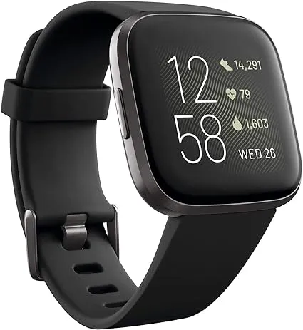 Fitbit Versa 2 Health and Fitness Smartwatch with Heart Rate, Music, Alexa Built-in, Sleep and Swim Tracking, Black/Carbon, One Size (S and L Bands