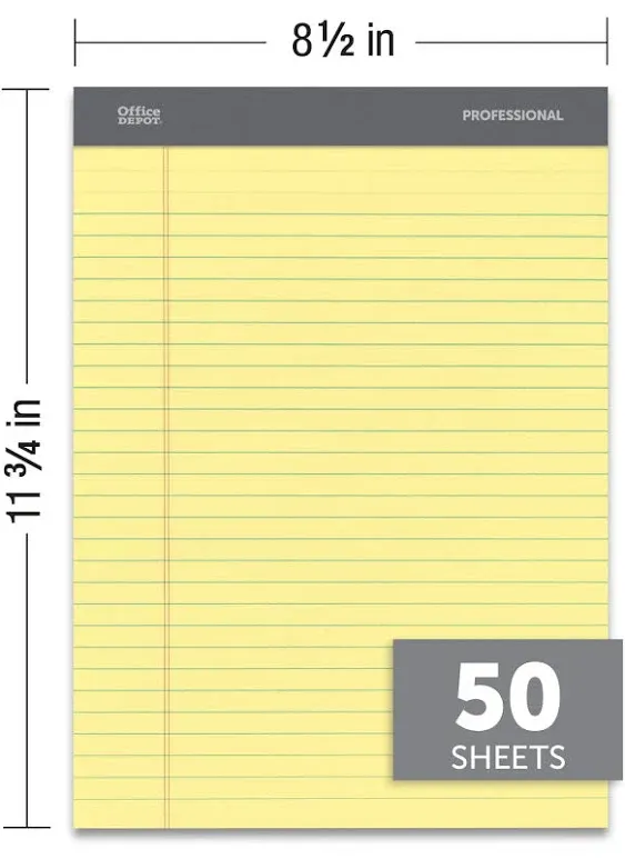 Office Depot Professional Legal Pad, 8 1/2in. x 11 3/4in, Legal Ruled, 50 Sheets per Pad, Canary, Pack of 8 Pads, 99527