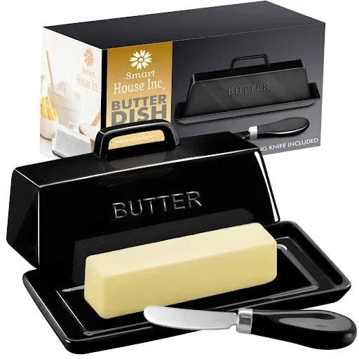 Ceramic Butter Dish Set with Lid and Knife - [Black]- Decorative Butter Stick ...