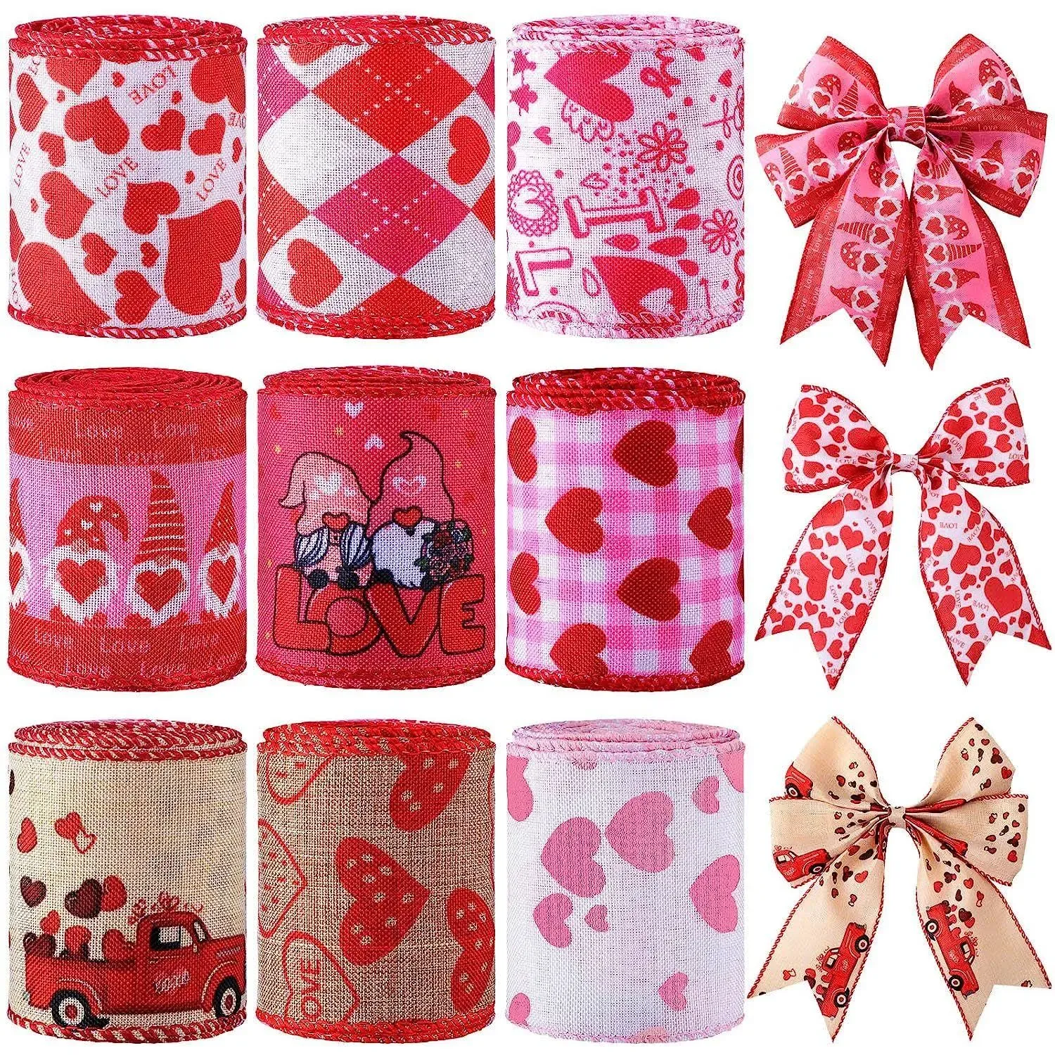 9 Rolls Valentine's Day Wired Edge Ribbon Love Red Heart Pattern Ribbon Happy VA